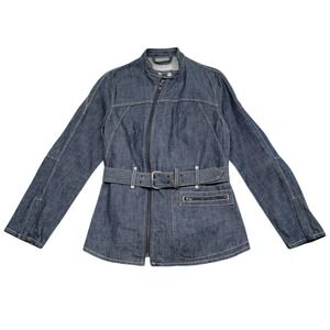 Vtg Levis Engineered Jeans Jacket Womens M Belted Denim Moto Asymmetrical Zipper